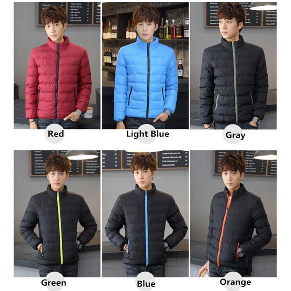 Men's Autumn And Winter Basic Casual Thick Cotton Down Jacket (Stand Collar Warm Coat Size L) - Black + Blue
