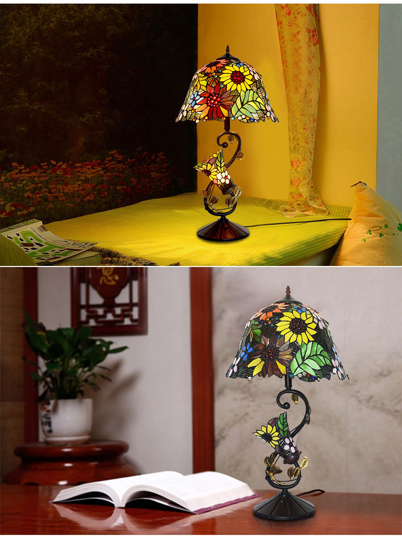 FUMAT 16 Inches Tiffany Style Stained Glass Handcrafted Table Lamp - Romantic Sunflower Butterfly Design