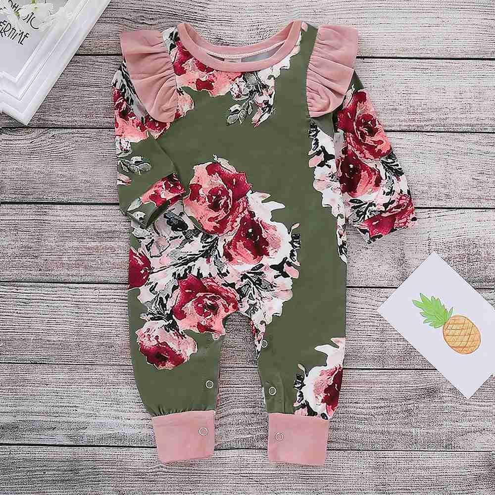 HZ6004 Kids Girls Casual Flounce Long-sleeve Lycra Cotton Jumpsuits Size 70 - Green