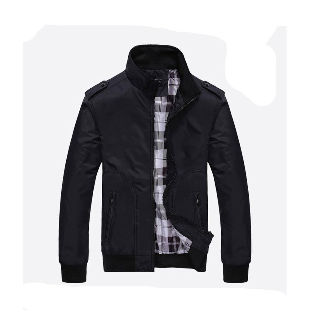 CA1235 Men's Autumn Winter Classic Casual Jacket (Standing Collar Tartan Pattern Polyester Coat Size M) - Black