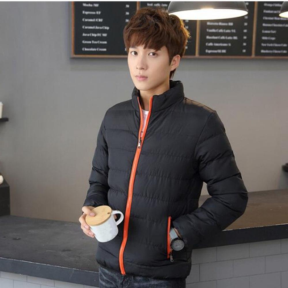 Men's Autumn And Winter Basic Casual Thick Cotton Down Jacket (Stand Collar Warm Coat Size L) - Black + Orange