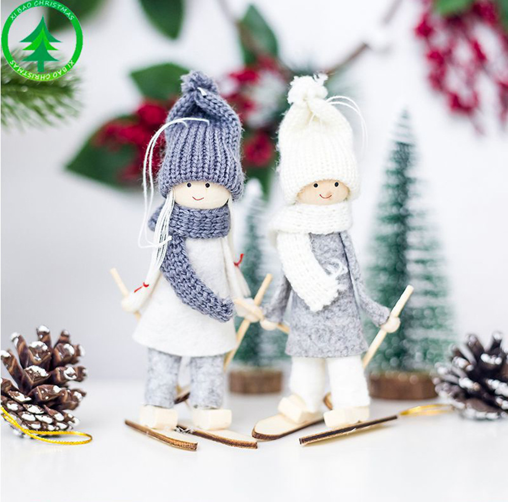 1pc Cute Christmas Tree Decoration Pendant Mini Ski Doll - White clothes + Red Cap