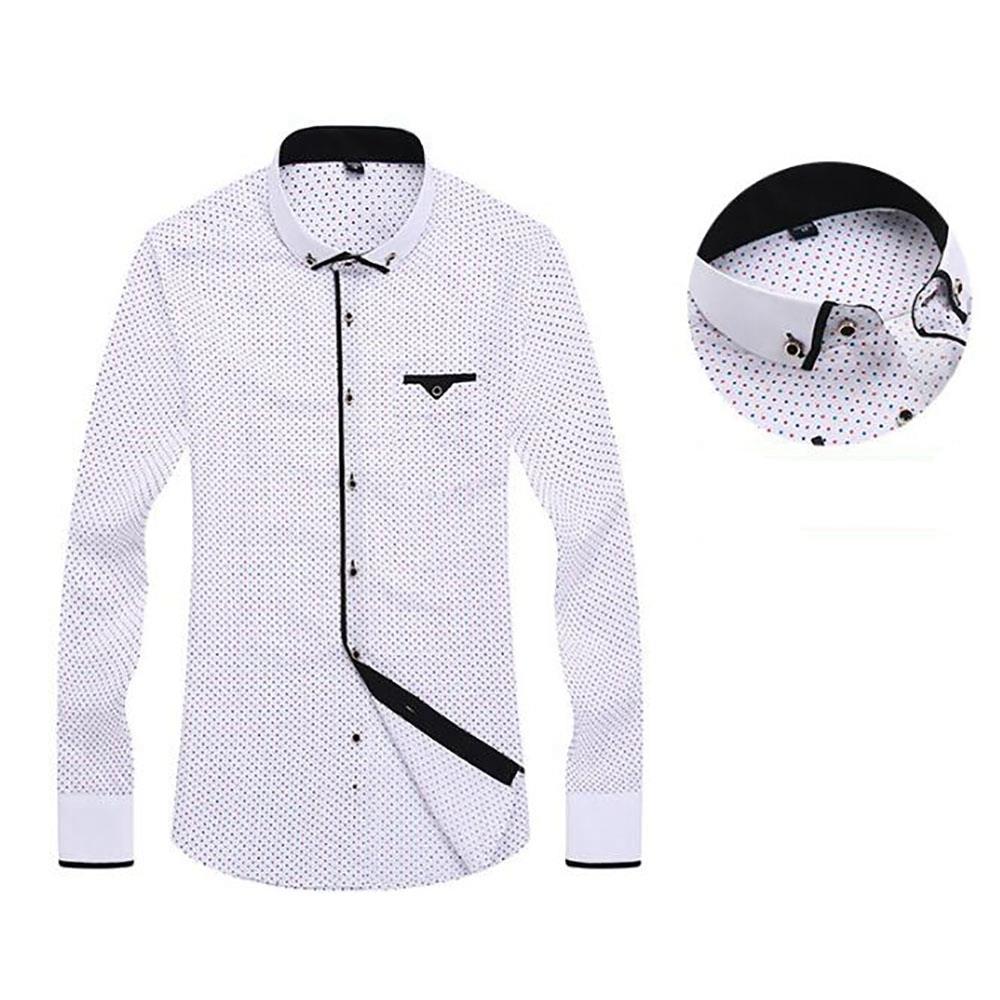 Men's Autumn Business Wave Point Printed Stand Collar Shirt (Slim Fit Cotton Size M) - White