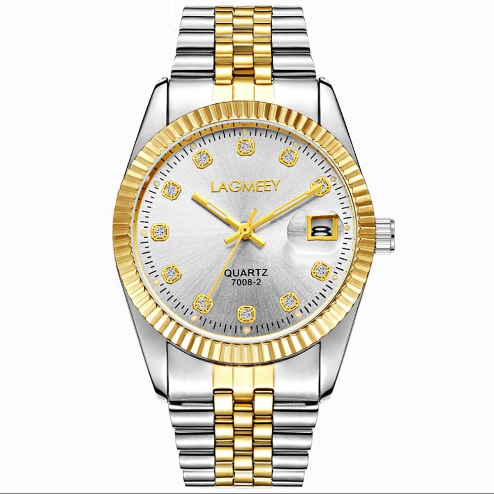W7008 LAGMEEY Men's Business Wrist Watch Large Dial Calendar Quartz Movement Stainless Steel - White