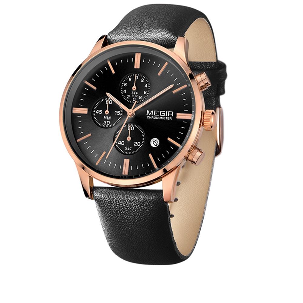 ML2011G MEGIR Men's Sports Wrist Watch Business Analog Casual Quartz Movement PU Black Dial - Rose Gold + Black