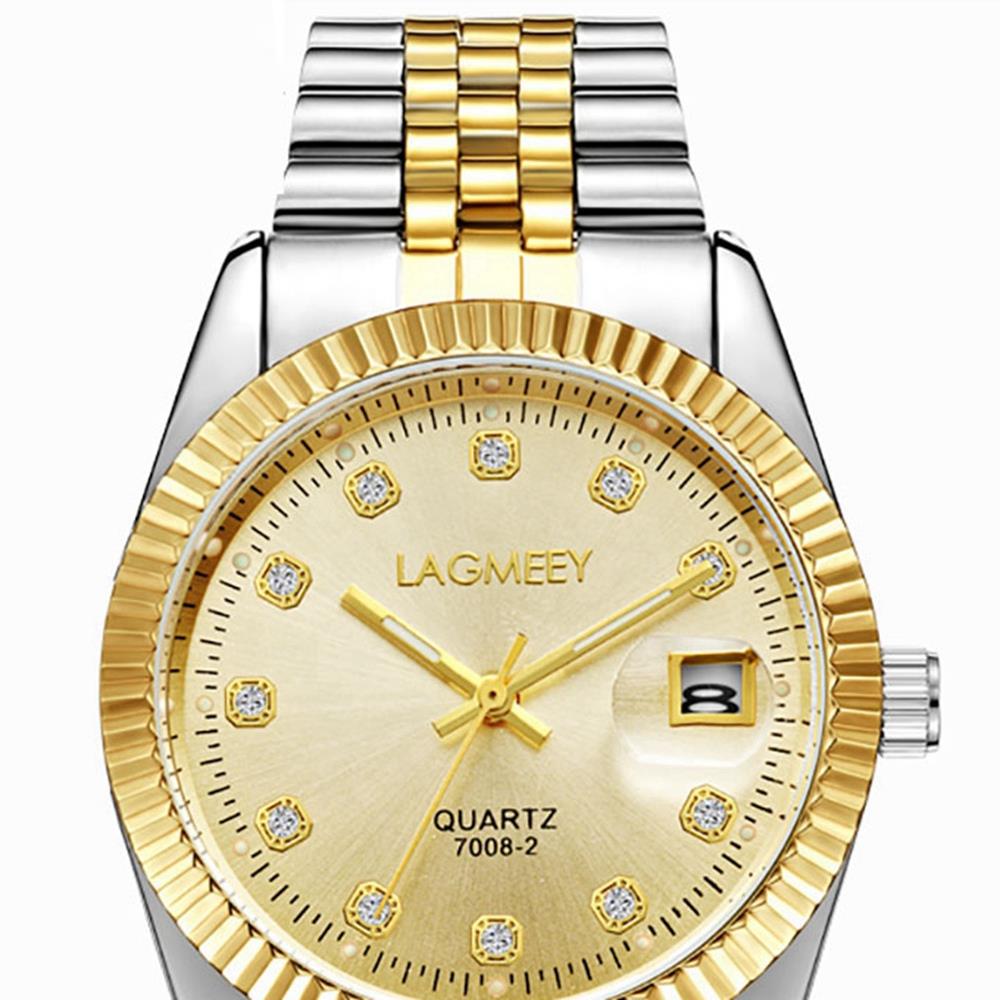 W7008 LAGMEEY Men's Business Wrist Watch Large Dial Calendar Quartz Movement Stainless Steel - White Strap + Gold Dial