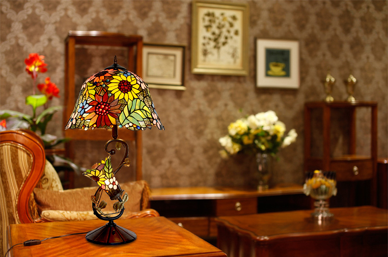 FUMAT 16 Inches Tiffany Style Stained Glass Handcrafted Table Lamp - Romantic Sunflower Butterfly Design