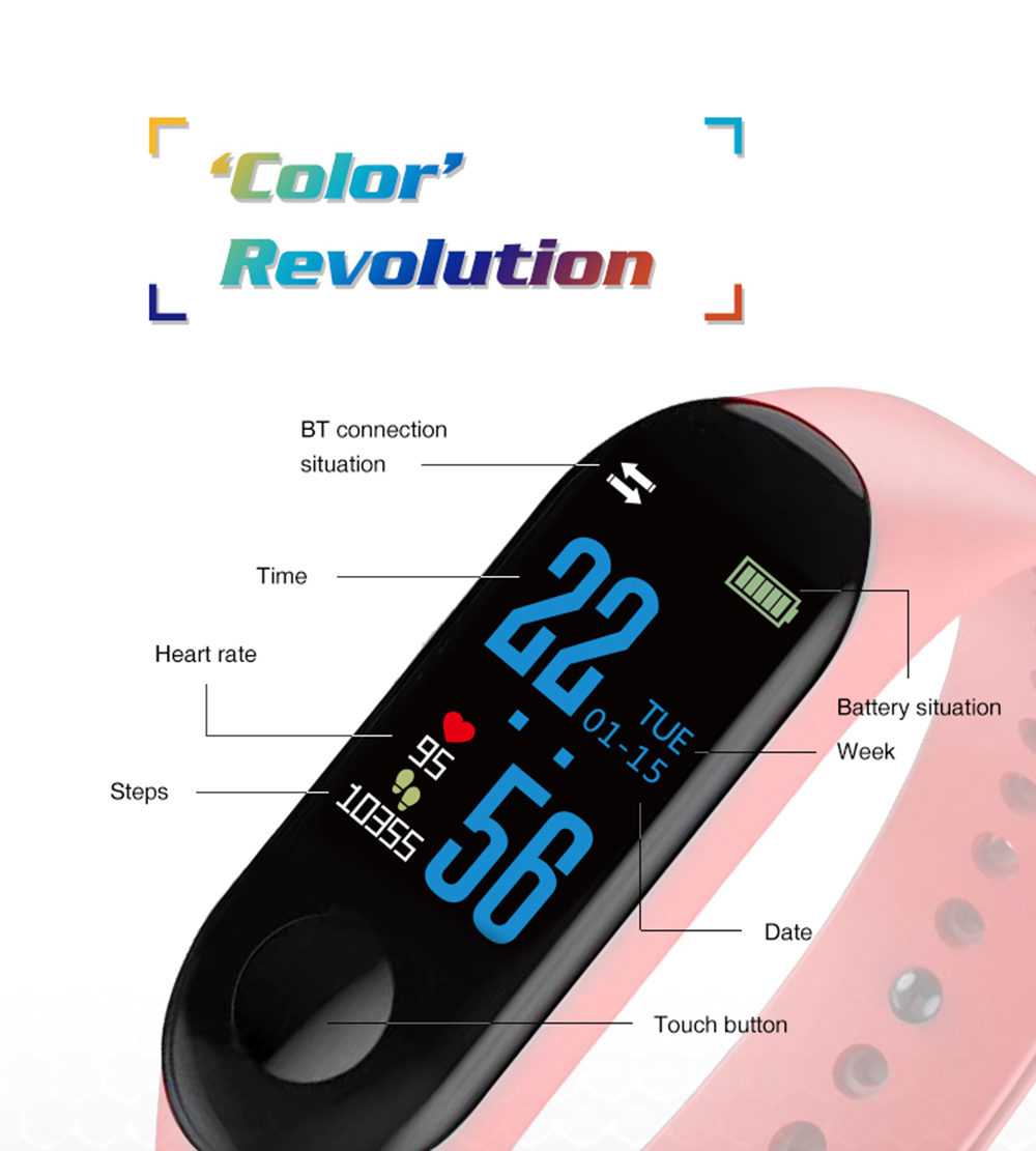 M3 Smart Bracelet 0.96 Inch TFT Screen Heart Rate Blood Pressure Monitor IP67 Waterproof Pulse Wristband Fitness Tracker - Blue