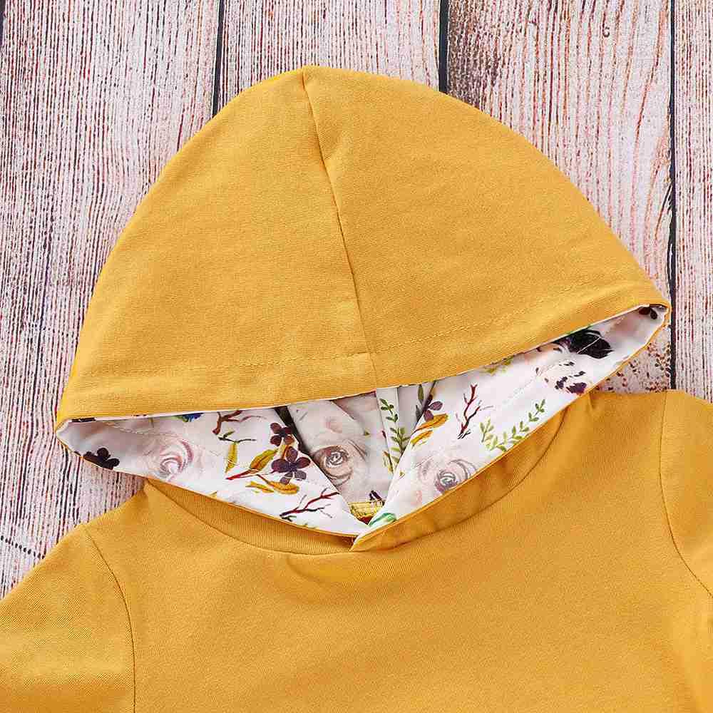 HZ6003 Kids Girls Pocket Printed Two-piece Set (Long-sleeve Hoodie + Floral Trousers Size 70) - Yellow