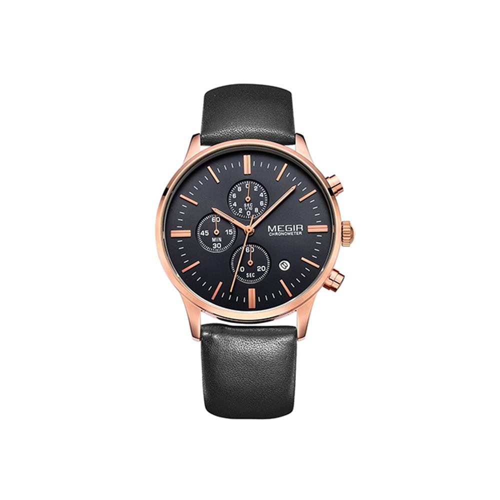 ML2011G MEGIR Men's Sports Wrist Watch Business Analog Casual Quartz Movement PU Black Dial - Rose Gold + Black