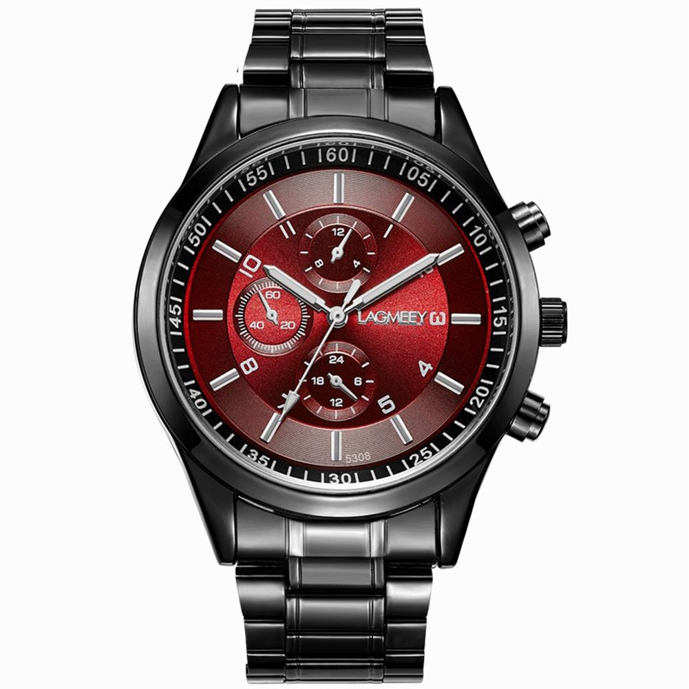 W5308 Men's Casual Business Analog Wrist Watch Quartz Movement Stainless Steel - Black Strap + Red Dial