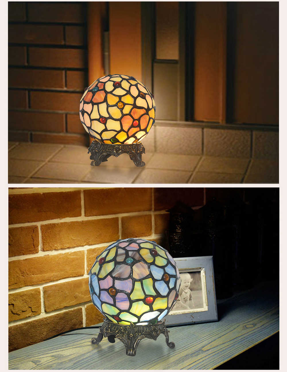 FUMAT Tiffany Style Stained Glass Handcrafted Table Lamp - Creative Copper Base Yellow Spherical Design