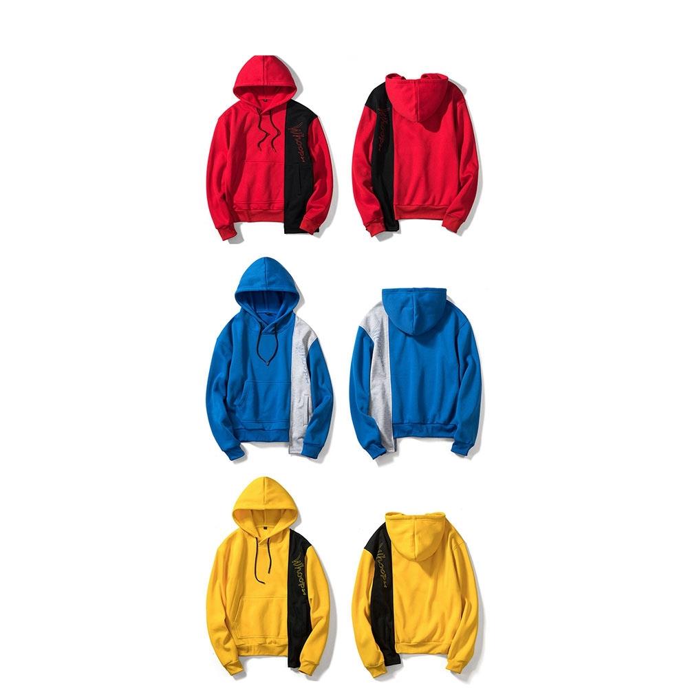 WY30 Men's Autumn Casual Irregular Loose Hoodie (Color Block Cotton Sweatshirt Size M) - Red