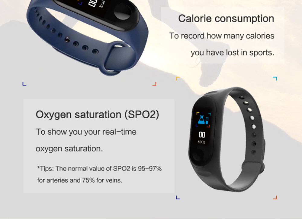 M3 Smart Bracelet 0.96 Inch TFT Screen Heart Rate Blood Pressure Monitor IP67 Waterproof Pulse Wristband Fitness Tracker - Blue