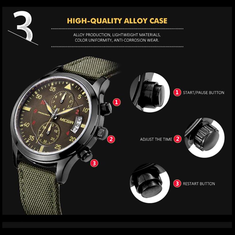 MEGIR ML2021 Men's Casual Watch Chronograph Calendar Large Dial Quartz Movement Canvas Fabric Strap - Green