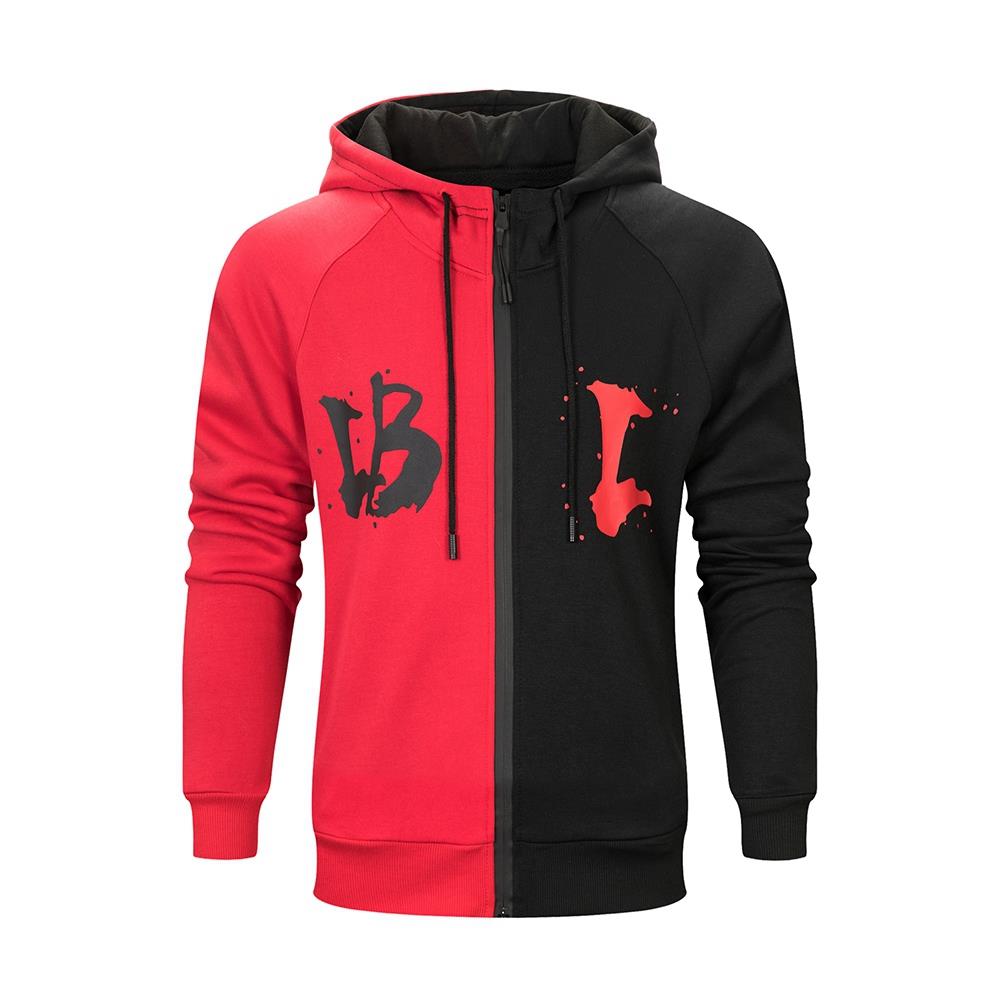 WY36 Men's Casual Color Block Zipper Design Cotton Hoodie Size 2XL - Red and Black