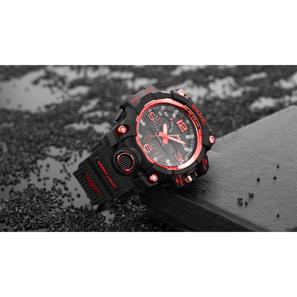 SKMEI 1155 Men's LED Digital Quartz Watch Double Movement Waterproof Dual Time Day Alarm Light Silicone Band - Army Green