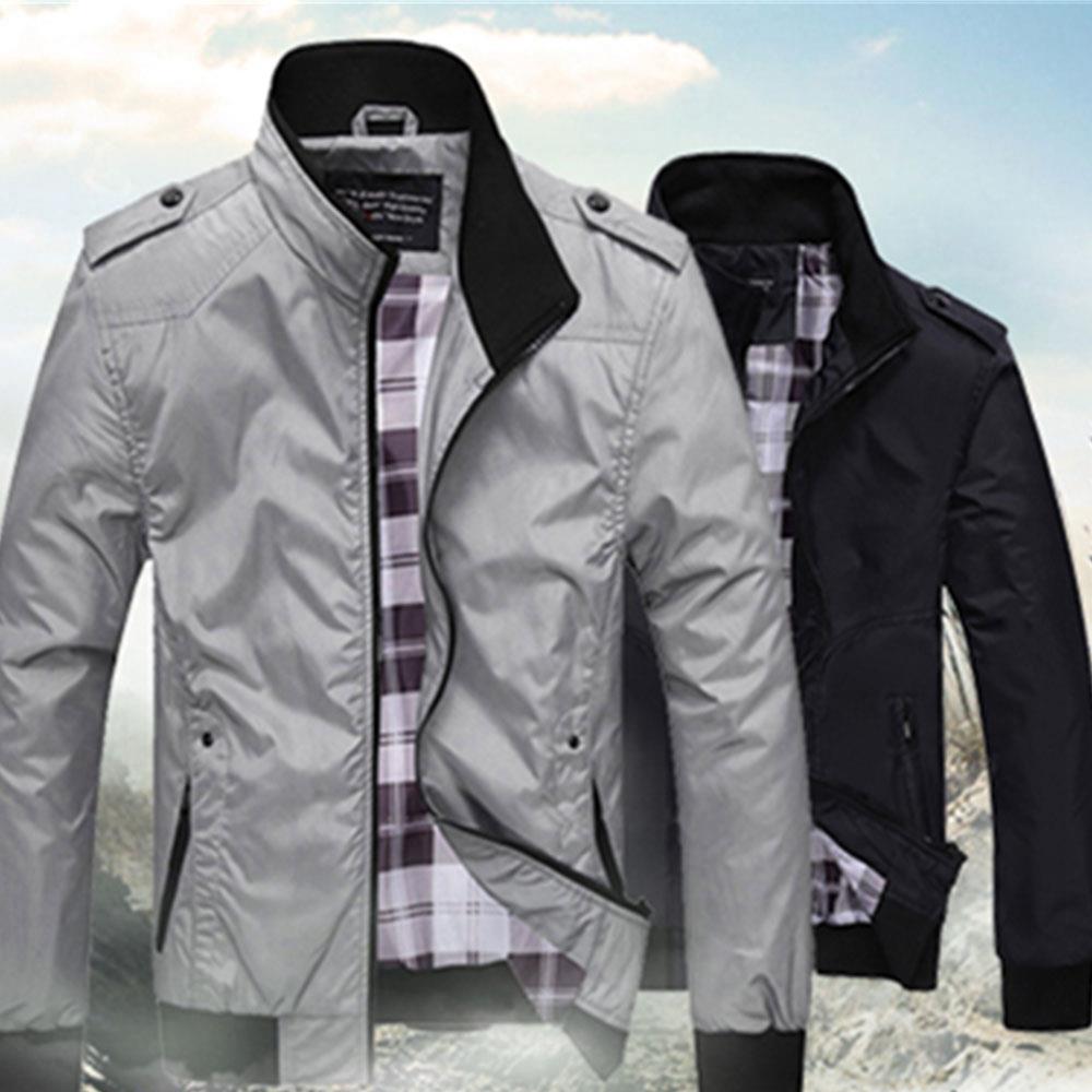 CA1235 Men's Autumn Winter Classic Casual Jacket (Standing Collar Tartan Pattern Polyester Coat Size M) - Gray