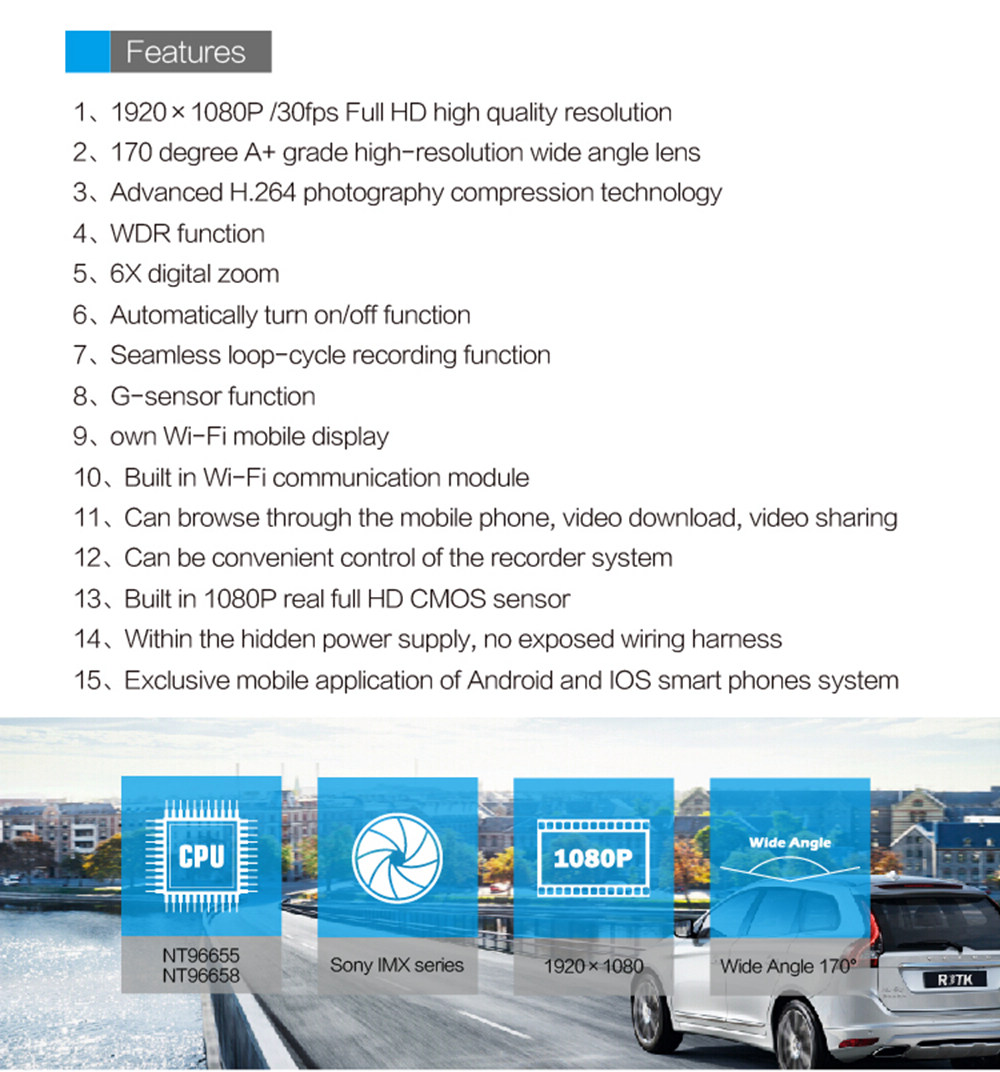 RS200 Top HD Hidden Universal Wifi Car DVR (Sony IMX323 1080P HD 170 Degree Wide Angle Lens Built-in Wi-Fi Module) - Black