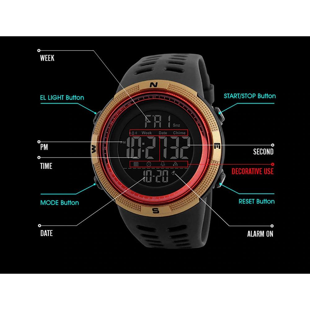 SKMEI 1251 Men's Sports Watch Countdown Double Time Alarm Chrono Digital Wristwatch - Black