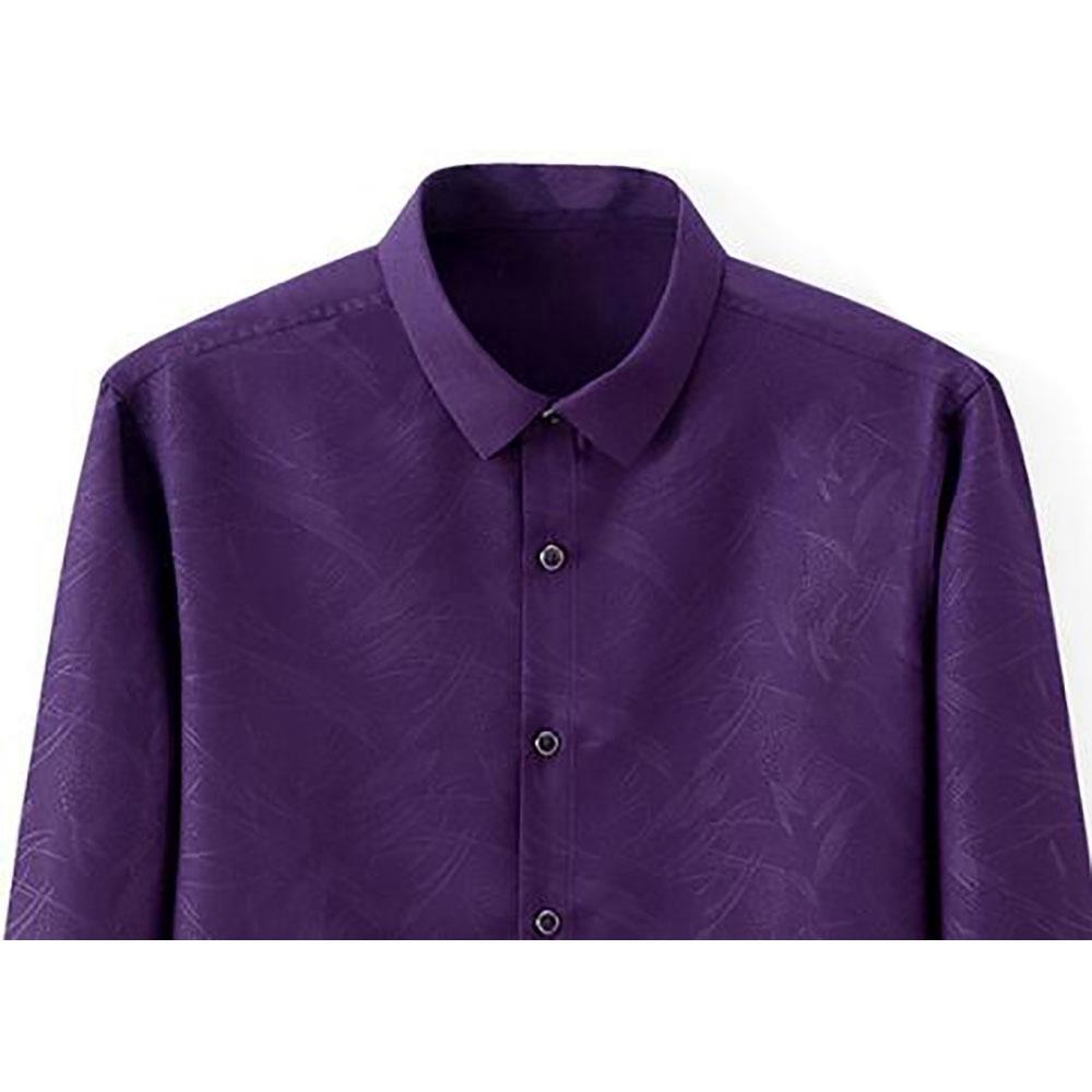 Men's Autumn Basic Business Stand Collar Shirt (Long Sleeve Slim Fit Cotton Size M) - Purple