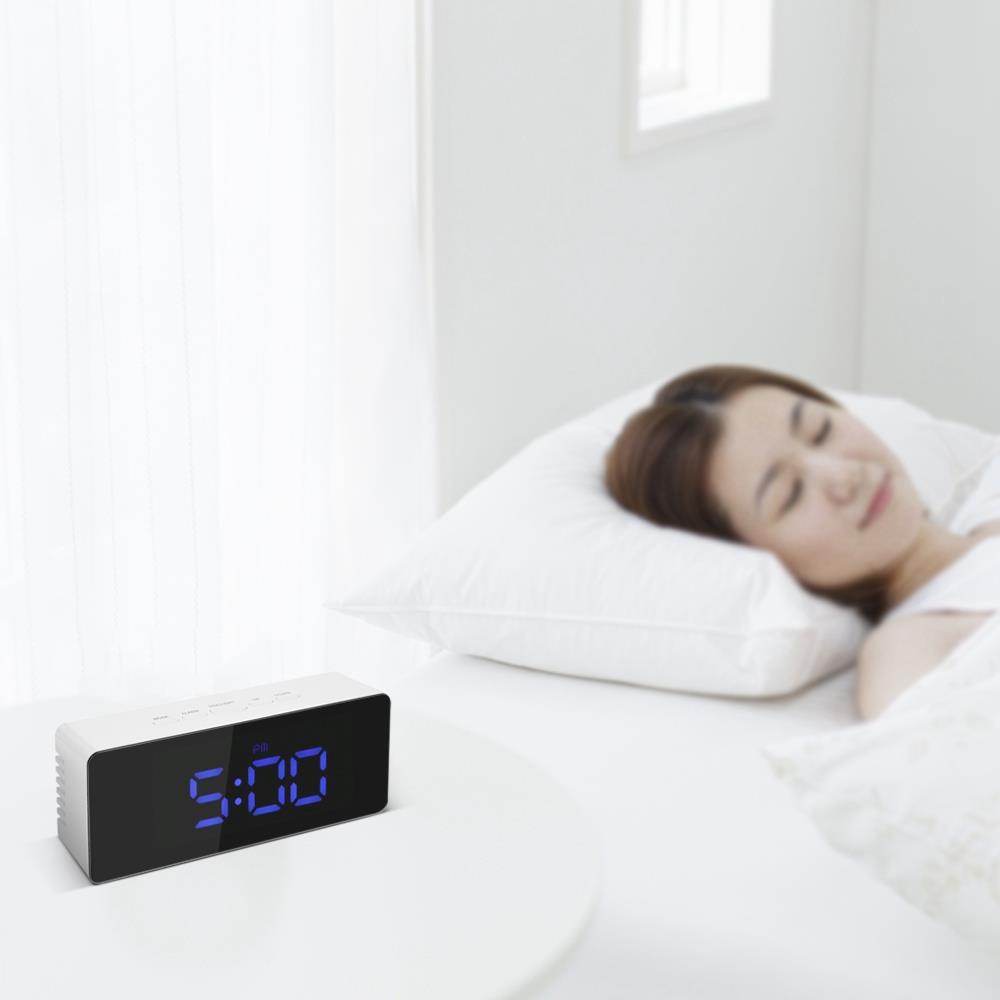 Rectangular LED Mirror Clock Alarm Clock With Snooze Function Indoor Thermometer - Blue