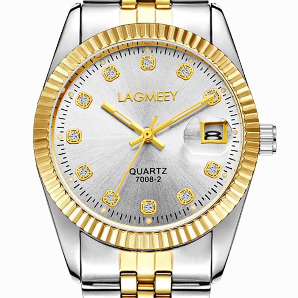 W7008 LAGMEEY Men's Business Wrist Watch Large Dial Calendar Quartz Movement Stainless Steel - White