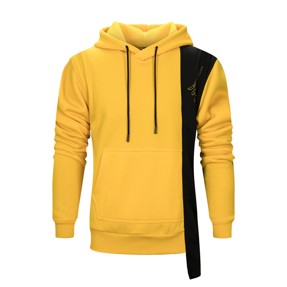 WY30 Men's Autumn Casual Irregular Loose Hoodie (Color Block Cotton Sweatshirt Size L) - Yellow