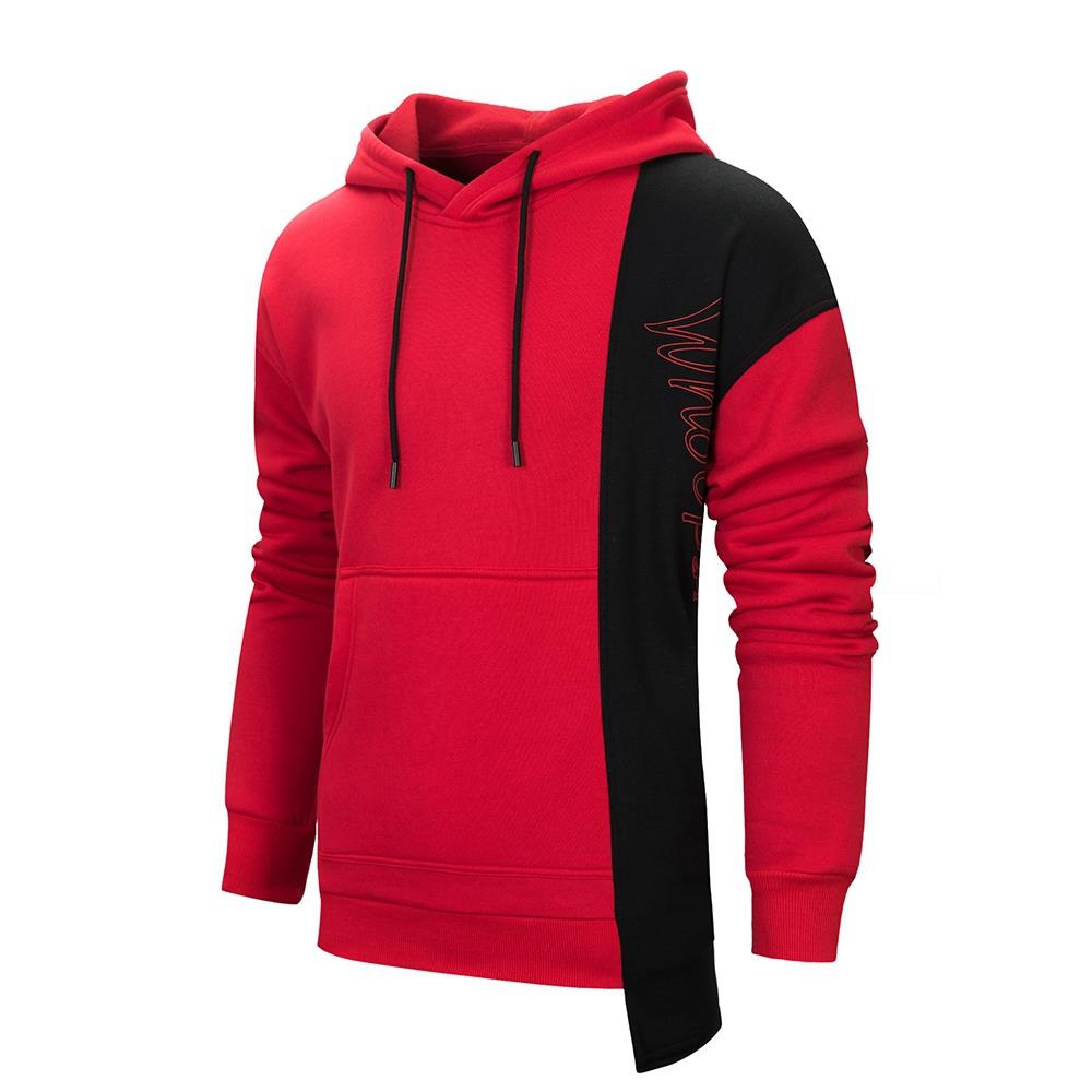 WY30 Men's Autumn Casual Irregular Loose Hoodie (Color Block Cotton Sweatshirt Size M) - Red