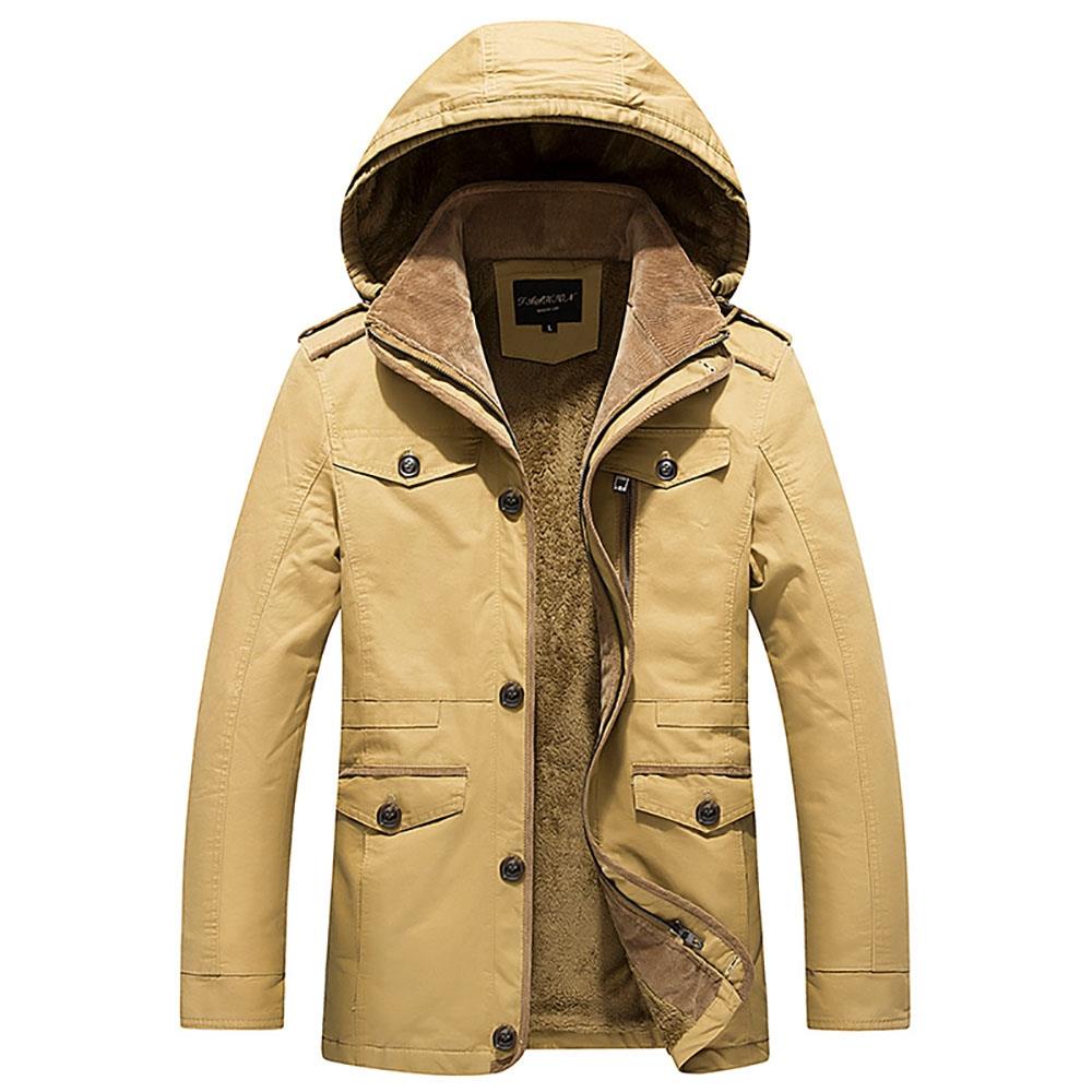 CAH8808 Men's Autumn And Winter Leisure Long Cotton Jacket (Thick Trench Coat Size L) - Deep Khaki