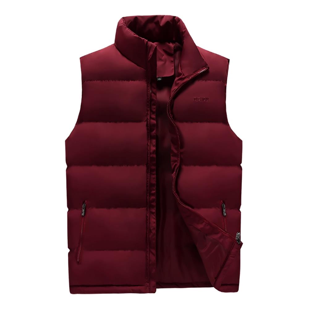 LH1801 Men's Winter Thick Stand Collar Cotton Waistcoat (Solid Color Vest Sleeveless Jacket Size L) - Burgundy