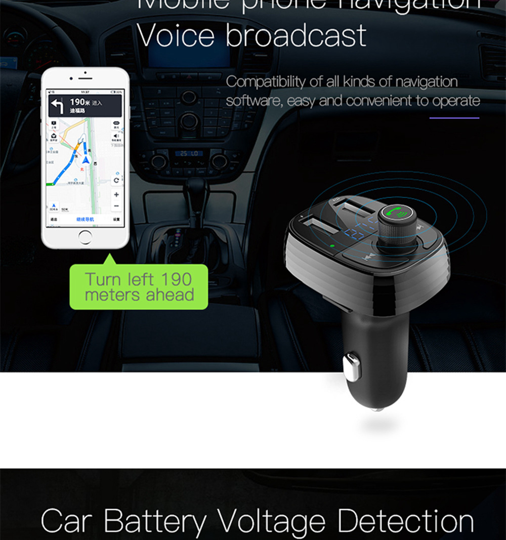 S-10 Car Charger Dual USB Ports FM Transmitter Radio Bluetooth MP3 Player Blue LED Display - Black