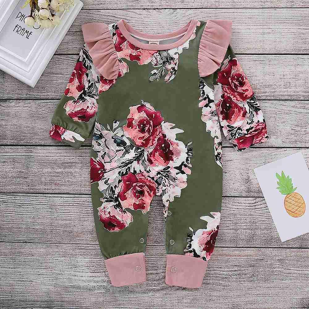 HZ6004 Kids Girls Casual Flounce Long-sleeve Lycra Cotton Jumpsuits Size 70 - Green