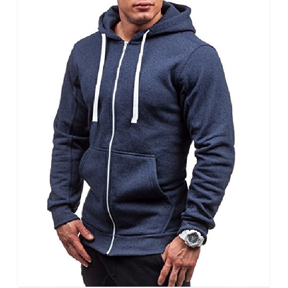 Men's Autumn and Winter Hoodies Long Sleeve Sweatshirt (Size M) - Navy Blue