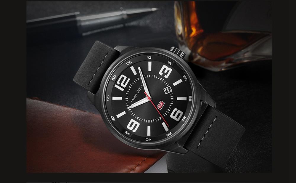 MINI FOCUS MF0051G Men's Casual Business Quartz Sports Watch Genuine Leather Strap Waterproof Wristwatch - Black