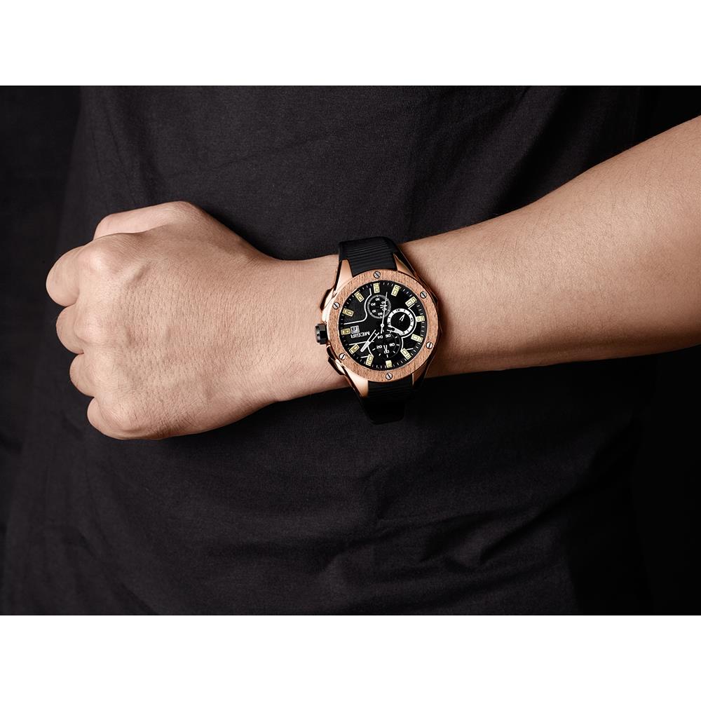 ML2053G MEGIR Men's Sports Wrist Watch Stopwatch Analog Calendar Quartz Movement Silicone Strap - Rose Gold