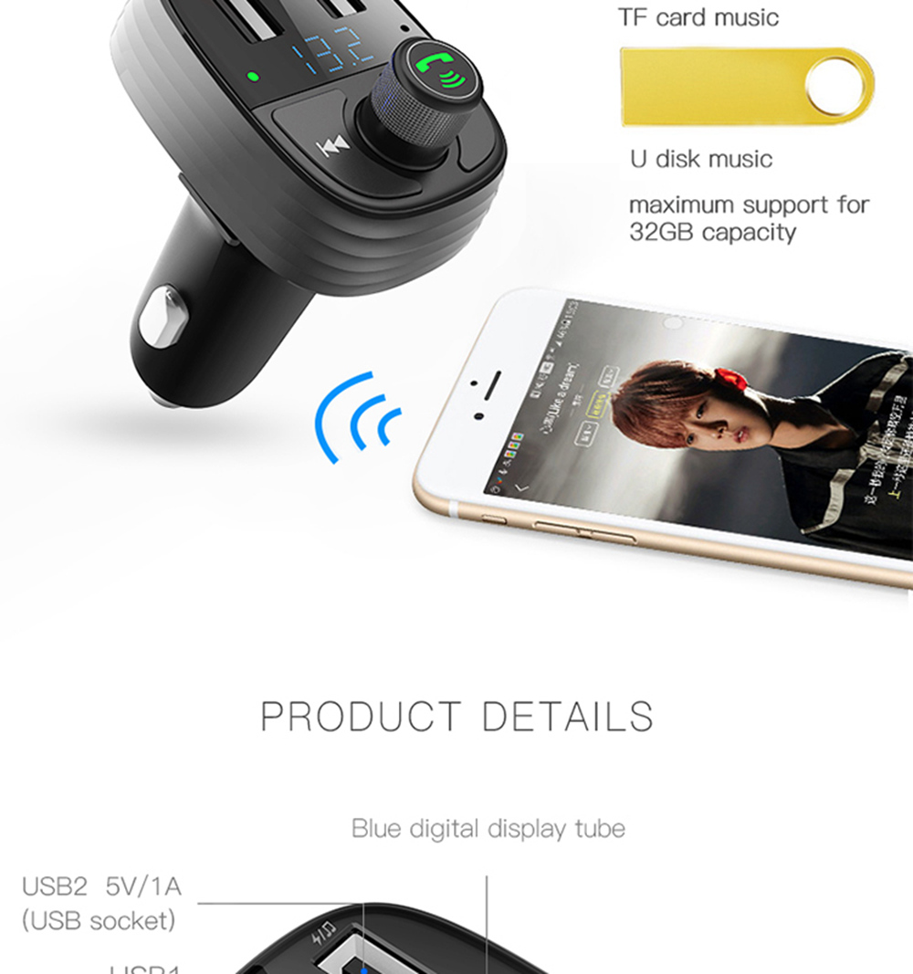 S-10 Car Charger Dual USB Ports FM Transmitter Radio Bluetooth MP3 Player Blue LED Display - Black