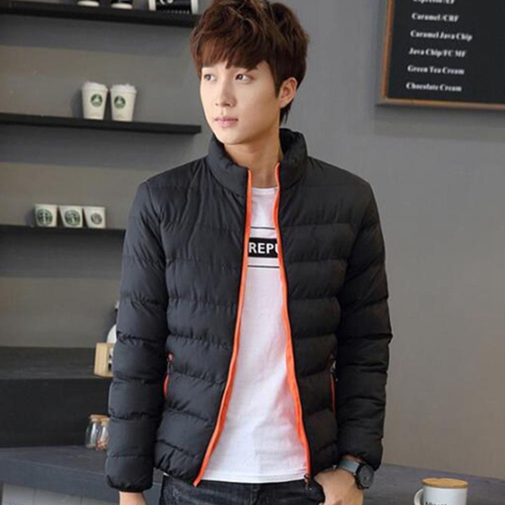 Men's Autumn And Winter Basic Casual Thick Cotton Down Jacket (Stand Collar Warm Coat Size L) - Black + Orange