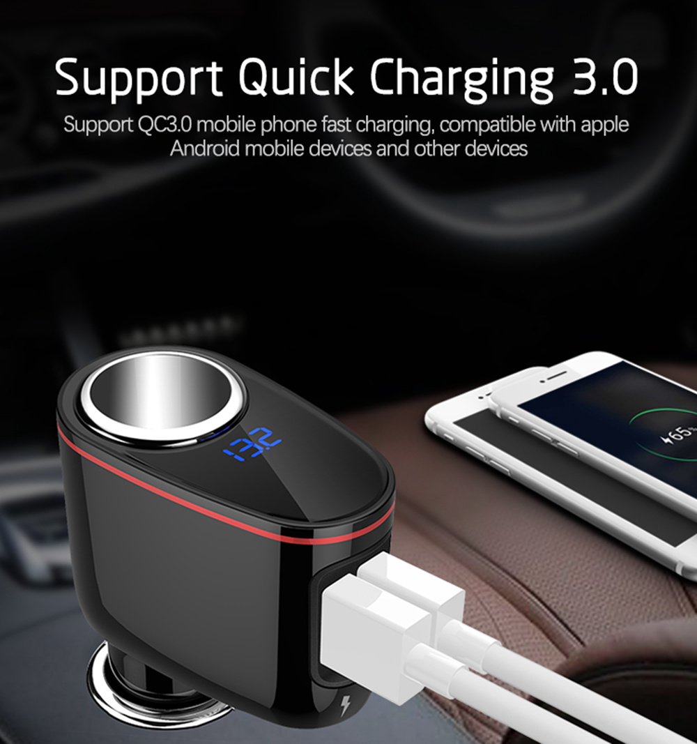 S-06A QC3.0 Car Charger 30W Dual USB Ports Cigarette Lighter Blue LED Display For IOS / Android - Black
