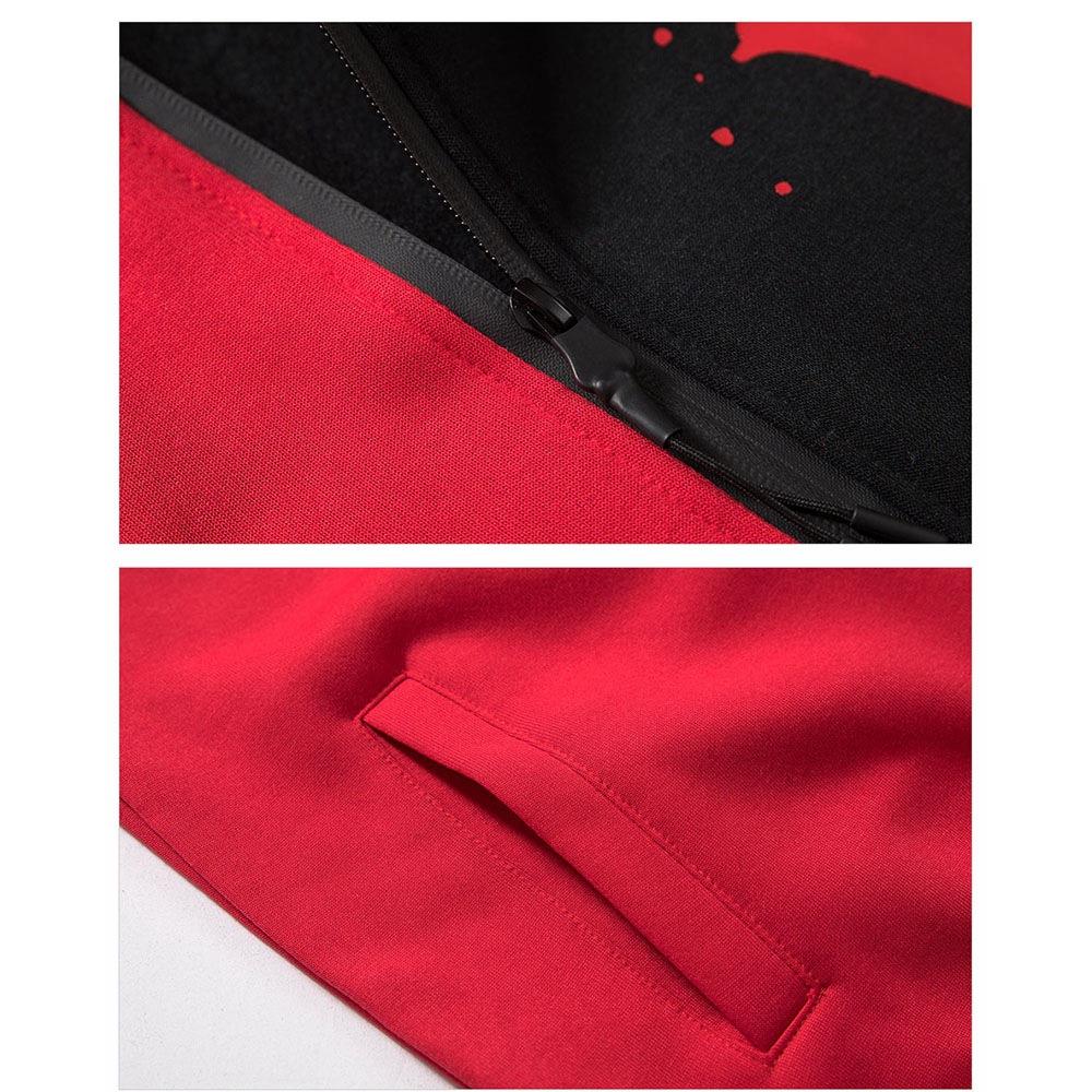 WY36 Men's Casual Color Block Zipper Design Cotton Hoodie Size 2XL - Red and Black