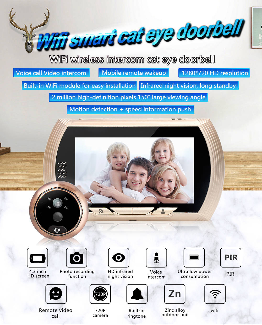 Danmini YB-43HD-MW Digital Peephole Viewer Camera 1MP 4.3 inch PIR Motion Sensor IR Night Vision Door Bell - Gold
