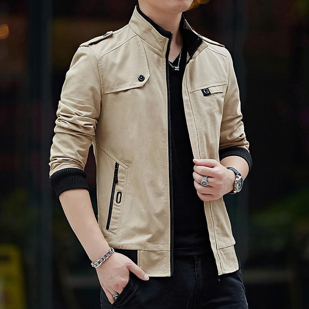 CA9801 Men's Autumn Winter Classic Casual Jacket (Lapel Grid Long Sleeve Polyester Jacket Size M) - Khaki
