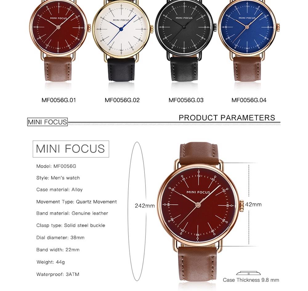 MINI FOCUS MF0056G Men's Casual Business Quartz Sports Watch PU Leather Strap Wristwatch - Blue + Brown