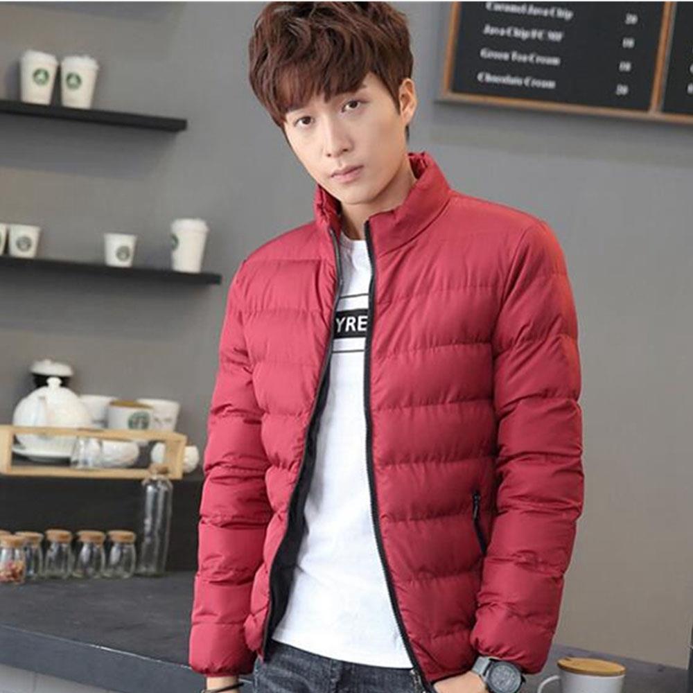 Men's Autumn And Winter Basic Casual Thick Cotton Down Jacket (Stand Collar Warm Coat Size L) - Red