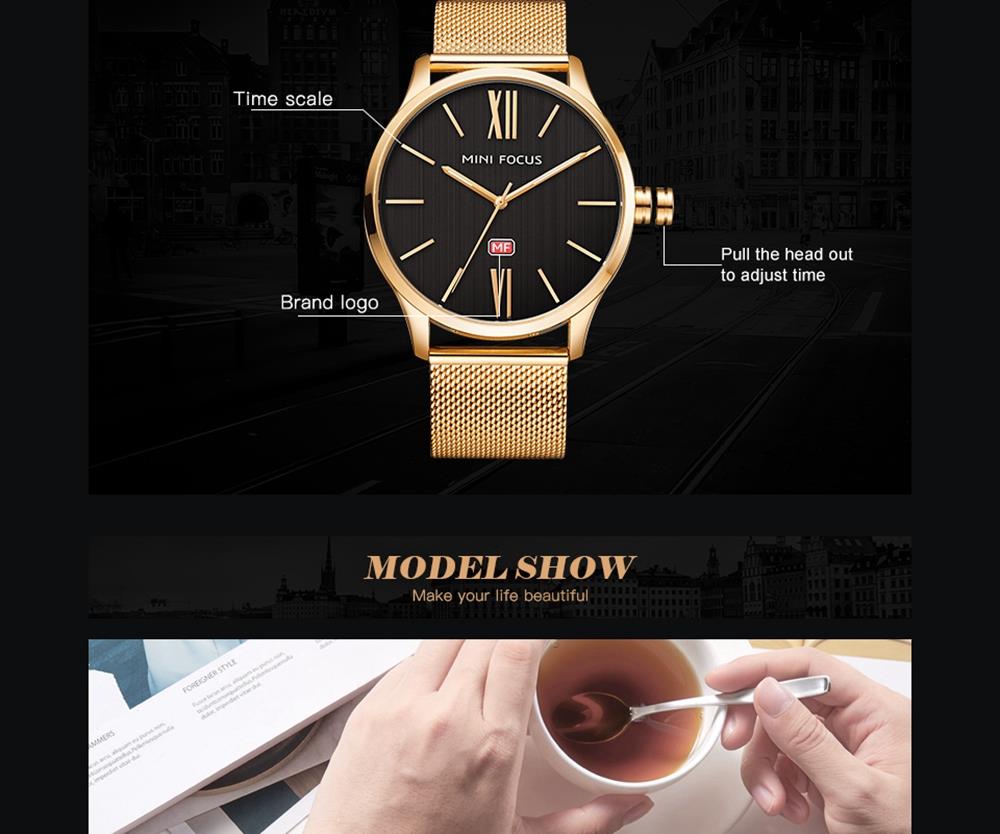 MINI FOCUS MF0018G Men's Casual Business Thin Quartz Watch Stainless Steel Strap Wristwatch - Gold