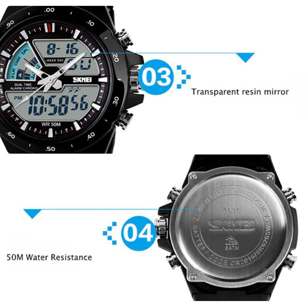 Skmei 1016 Unisex LED Sports Watch Analog-Digital Dual Day Date Alarm 50M Water Resistance Silicone Band - Black + Red
