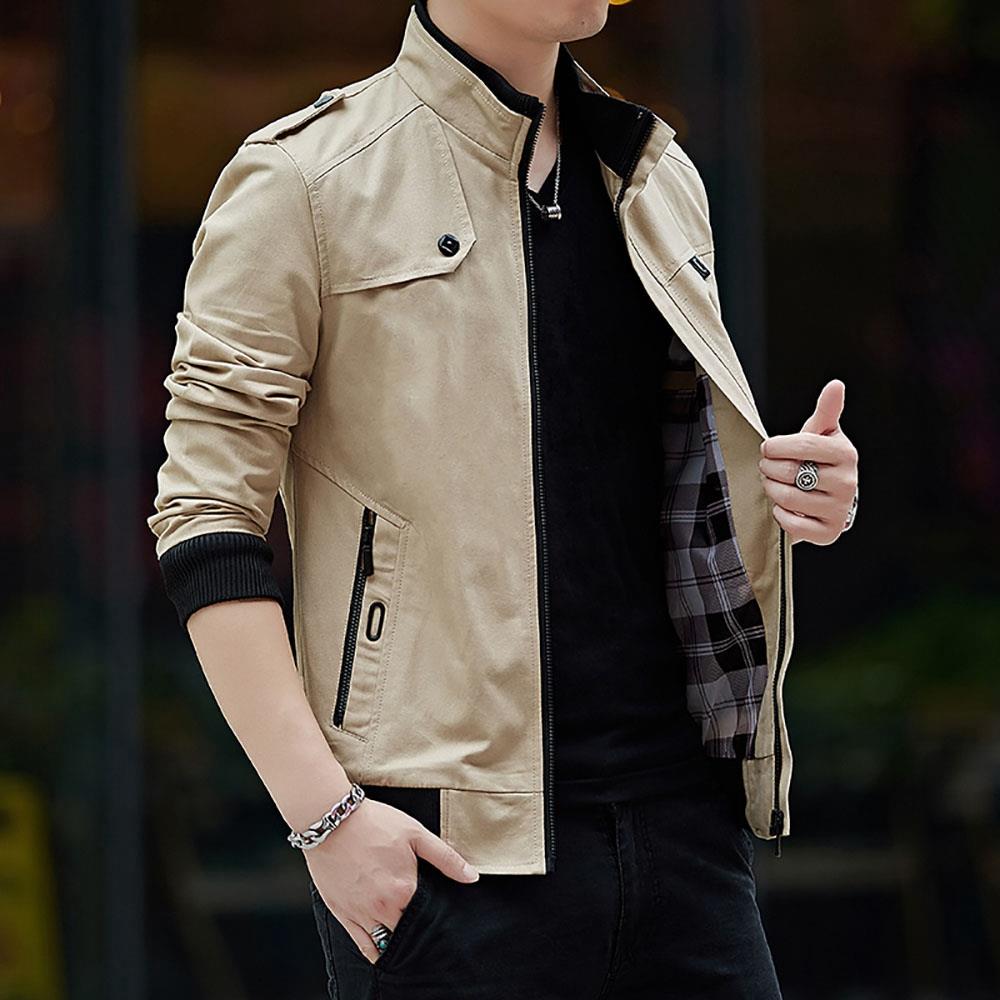 CA9801 Men's Autumn Winter Classic Casual Jacket (Lapel Grid Long Sleeve Polyester Jacket Size M) - Khaki
