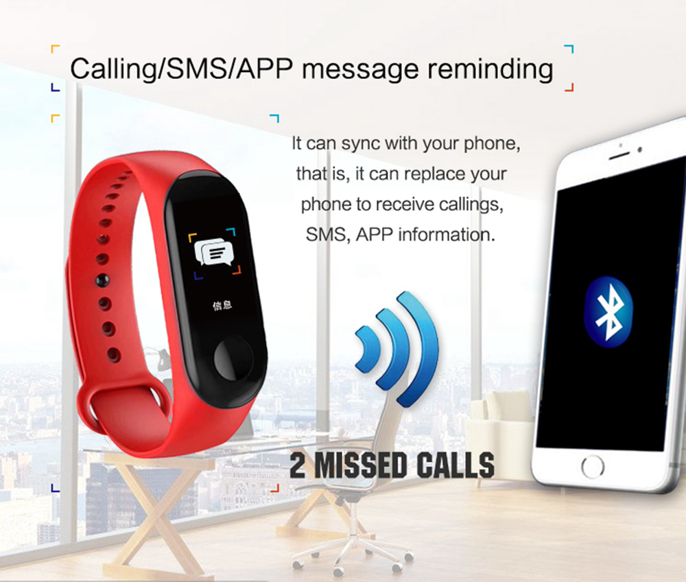 M3 Smart Bracelet 0.96 Inch TFT Screen Heart Rate Blood Pressure Monitor IP67 Waterproof Pulse Wristband Fitness Tracker - Black