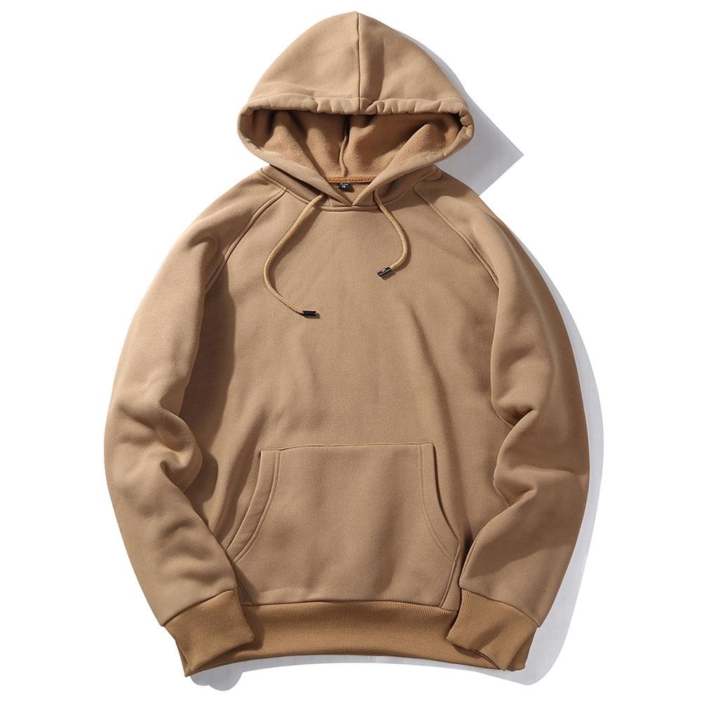 WY18 Men's Autumn Winter Basic Casual Cotton Hoodie Solid Color Size M - Khaki