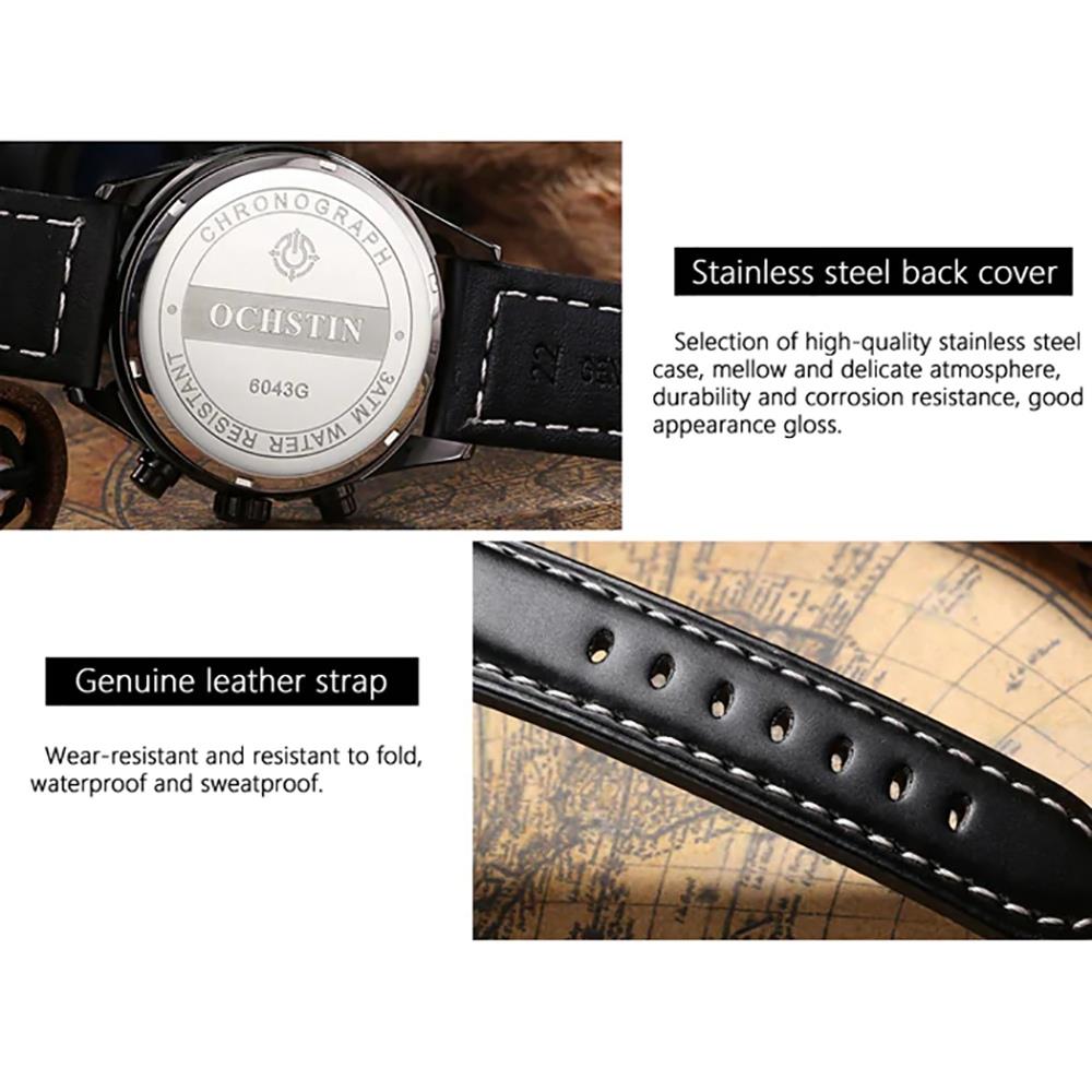 OCHSTIN GQ043B Men's Outdoor Quartz Watch Working Sub-dial Analog Display 3ATM Waterproof PU Strap - Brown